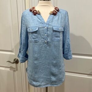 Talbots 100% Linen Top Seashells Plaid (Flaws-read description)